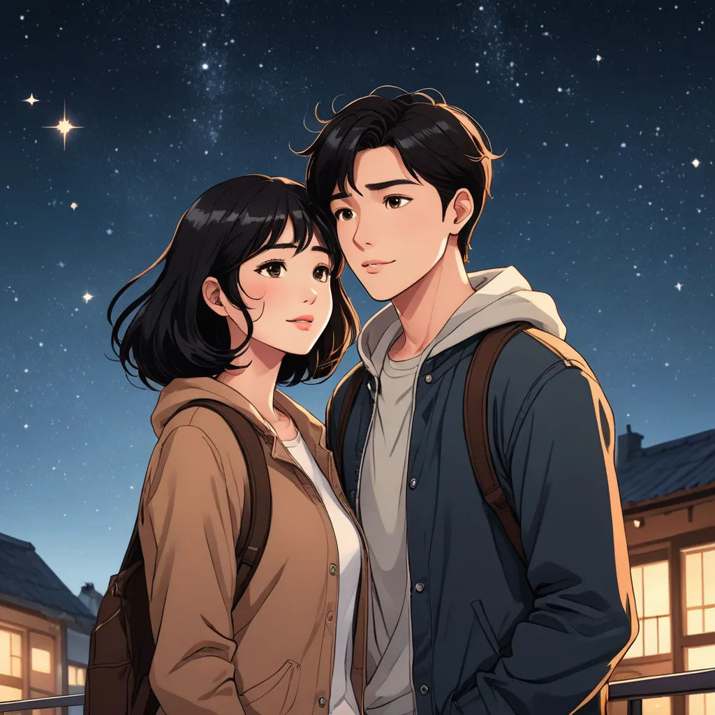 a couple standing next to each other under a night sky with stars in the background and a building with a roof, romanticism, a comic book panel, David Park, night sky