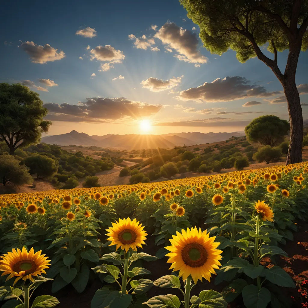 a field of sunflowers with the sun setting in the background and a tree in the foreground, color field, a matte painting, David Martin, beautiful landscape