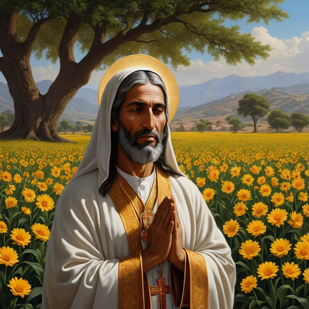 a painting of a man in a field of sunflowers with a tree in the background and a sky with clouds, naive art, a character portrait, Brothers Hildebrandt, official art