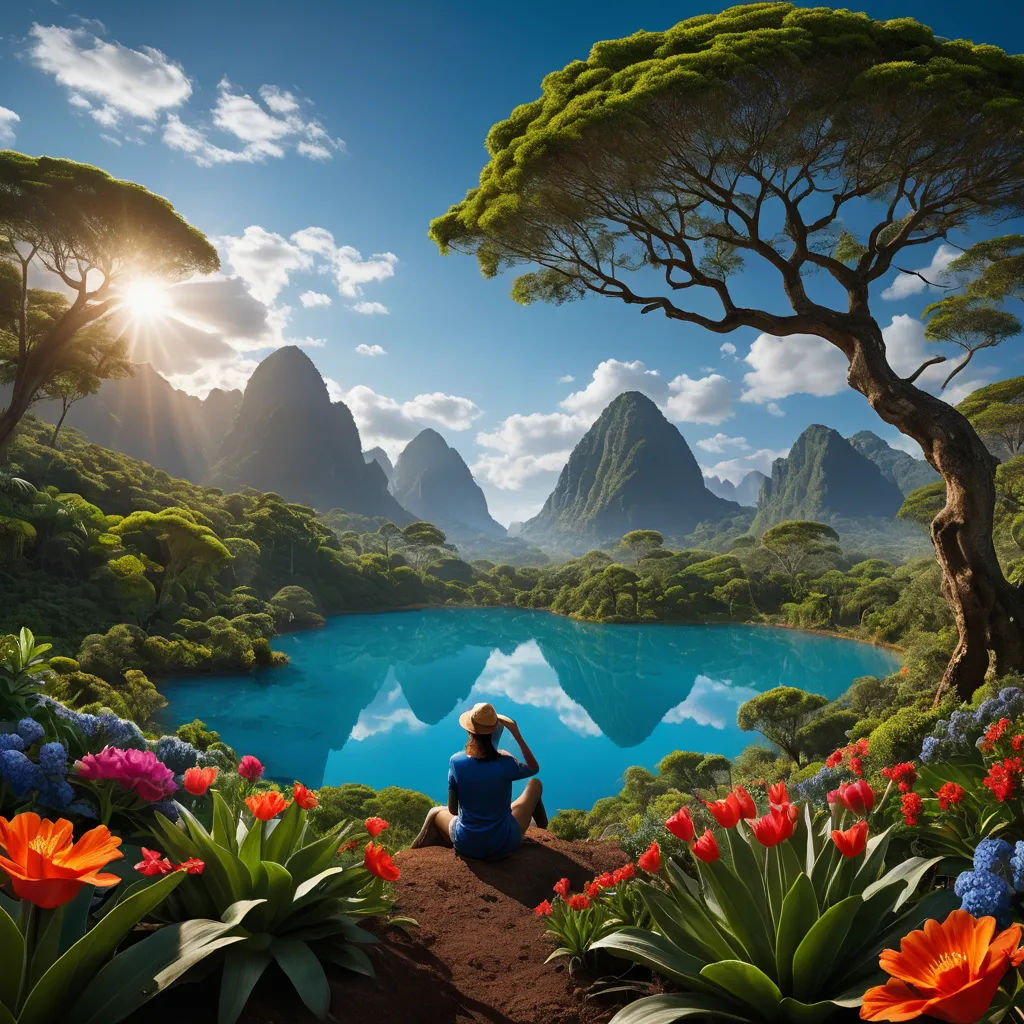 a person sitting on a hill looking at a lake and mountains in the distance with flowers in the foreground, magic realism, a matte painting, Chris LaBrooy, beautiful landscape