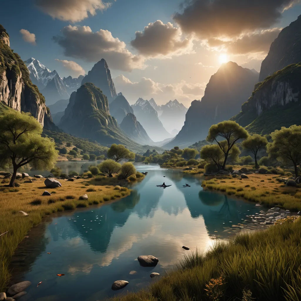 a painting of a river surrounded by mountains and trees with a person rowing a boat in the water at sunset, naturalism, a matte painting, David Martin, beautiful landscape