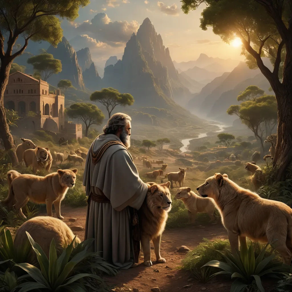 a painting of a man with a dog and a herd of sheep in a forest with mountains in the background, fantasy art, a detailed matte painting, Christophe Vacher, kinkade