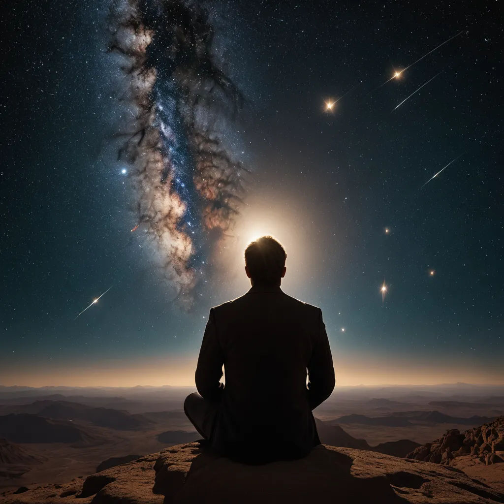 a man sitting on a rock looking at the stars in the sky above him and a spiral galaxy in the background, space art, digital art, Filip Hodas, sense of awe