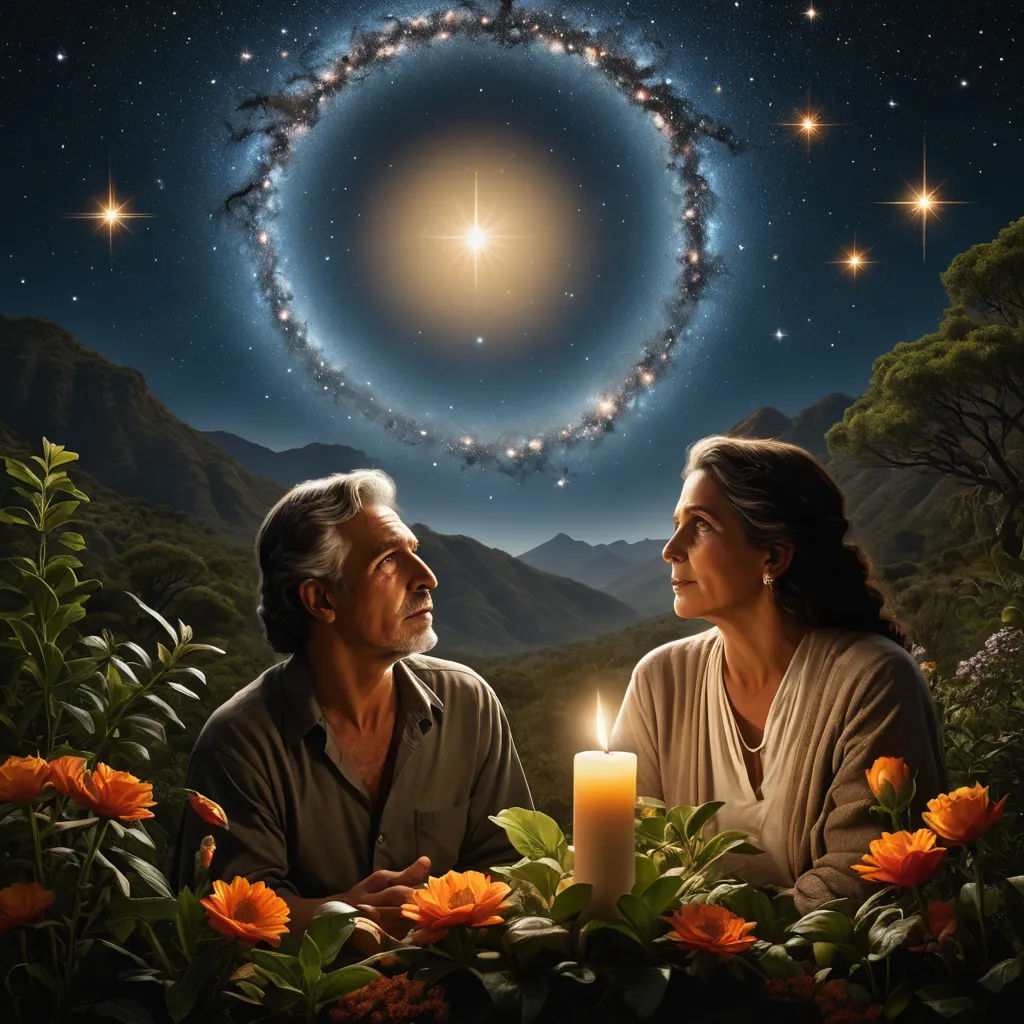 a man and woman sitting in front of a star filled sky with a candle in front of them and a star in the sky above them, magical realism, an ultrafine detailed painting, David A Hardy, promotional image