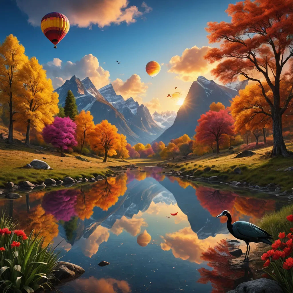 a painting of a bird standing in front of a lake with a hot air balloon in the sky above it, magic realism, an airbrush painting, Chris LaBrooy, beautiful landscape
