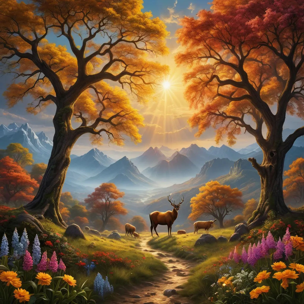 a painting of a deer and two deer in a forest with mountains in the background and flowers in the foreground, fantasy art, an airbrush painting, Anne Stokes, highly detailed digital painting