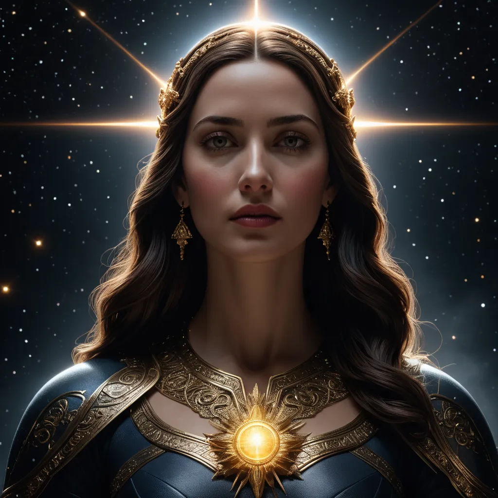 a woman in a wonder costume with a star in her hair and a halo around her neck, standing in front of a star filled sky, fantasy art, poster art, Aleksi Briclot, trending on artstation hq