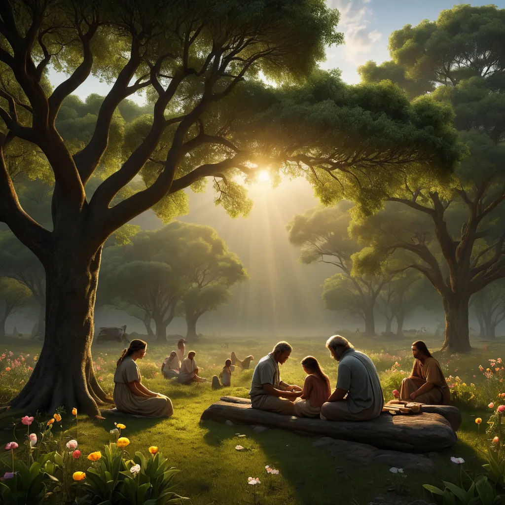 a painting of people sitting on a blanket in a park under a tree with the sun shining through the trees, american scene painting, a detailed matte painting, Christophe Vacher, beautiful scene