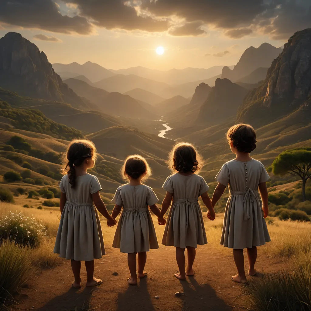 three little girls holding hands while standing on a hill overlooking a valley and mountains at sunset with the sun setting, art photography, a photorealistic painting, Daniel Lieske, cinematic photography