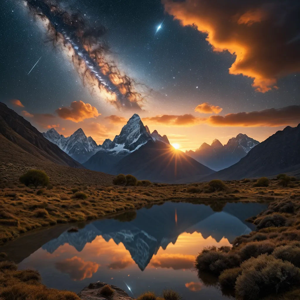 a mountain range with a lake and a star filled sky in the background with a bright star in the sky, space art, a matte painting, David Martin, award - winning photo