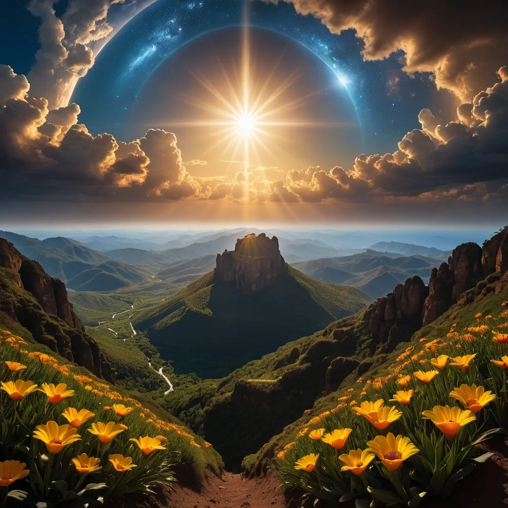 a beautiful view of a mountain range with a sun in the sky above it and flowers in the foreground, space art, a detailed matte painting, David Martin, beautiful landscape