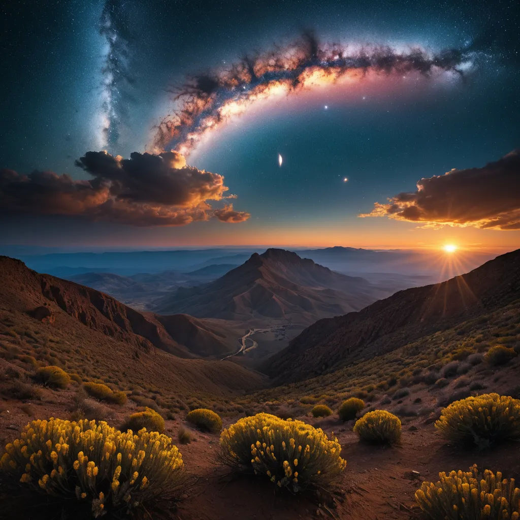 a beautiful view of a mountain range with a colorful sky and stars in the background and a bright sun in the sky, space art, a matte painting, Chris LaBrooy, award - winning photo