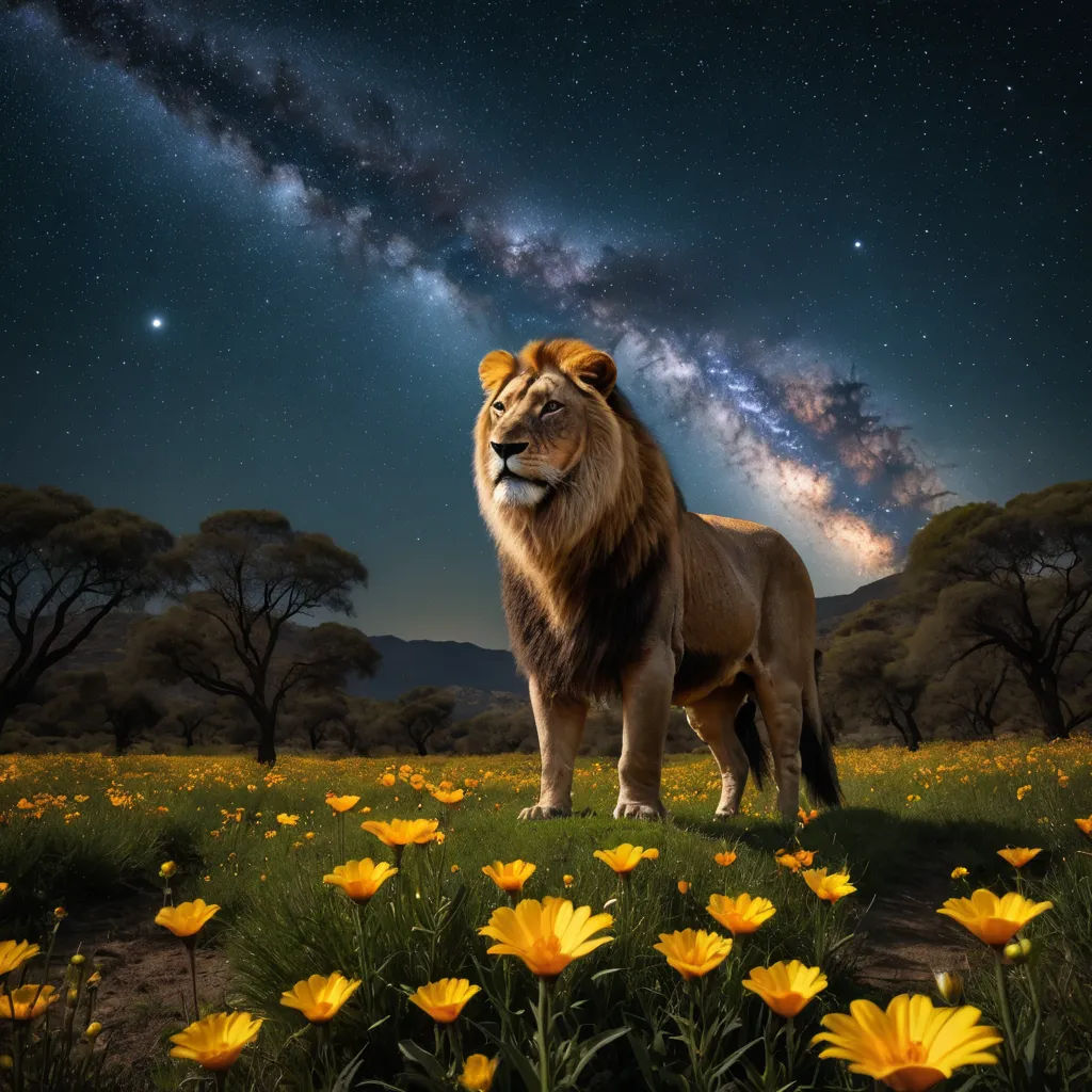 a lion standing in a field of flowers under a night sky with stars and a milky background with a bright star filled sky, art photography, a photorealistic painting, Chris LaBrooy, wildlife photography