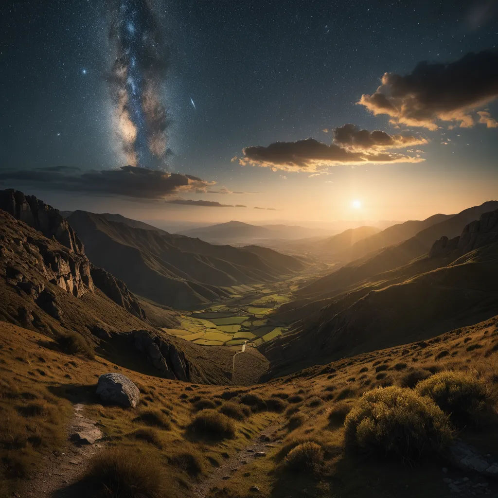 a view of a valley with a star filled sky in the background and a mountain range in the foreground, neo-romanticism, a matte painting, David Martin, award-winning photograph