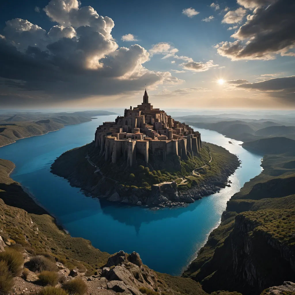 a castle on a small island in the middle of a lake with a sky background and clouds in the sky, romanesque, a matte painting, Filip Hodas, matte painting