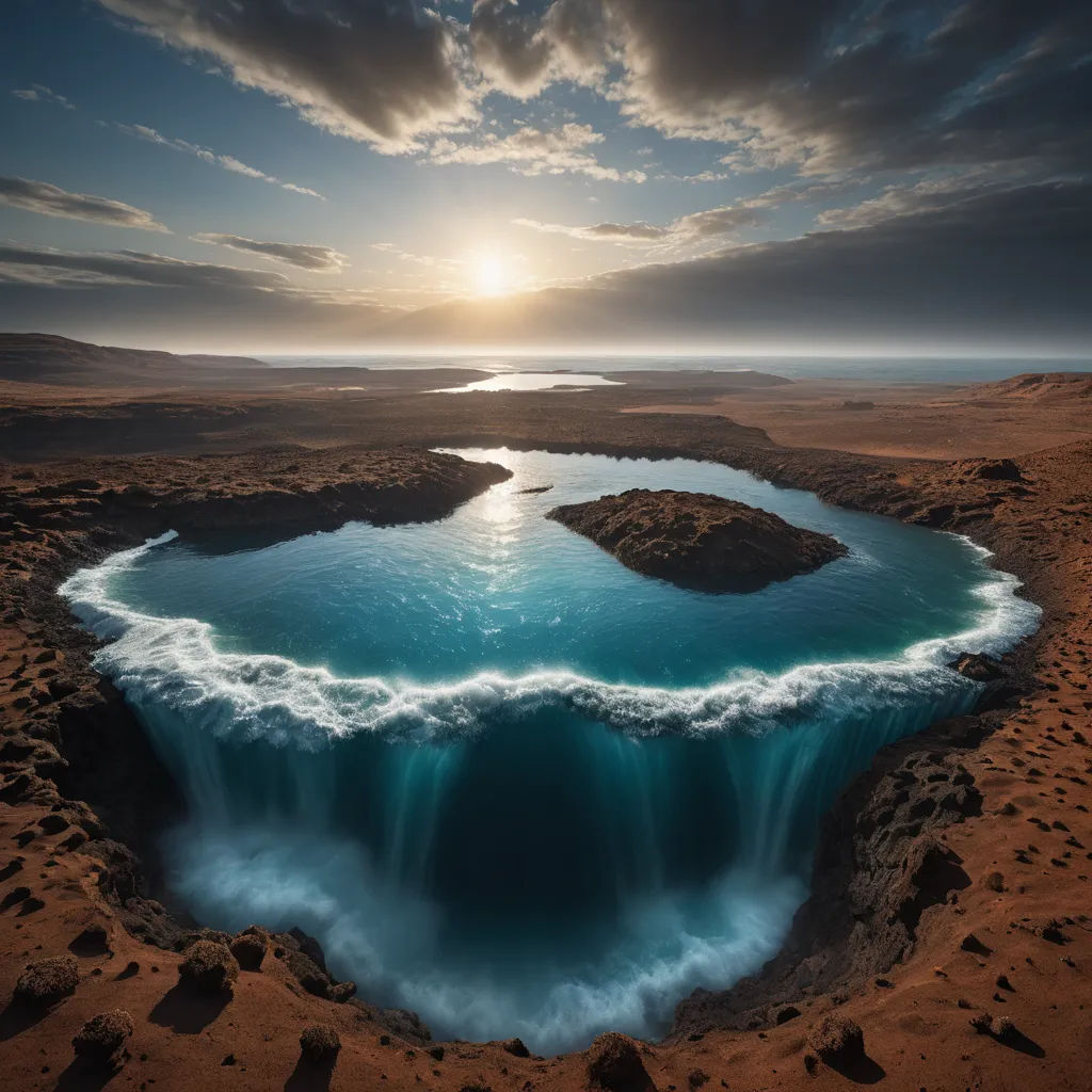 a large body of water surrounded by land and water with a sky background and sun shining through the clouds, superflat, a matte painting, Chris LaBrooy, award - winning photo