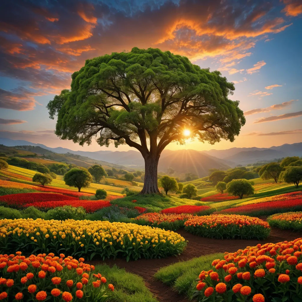 a painting of a tree surrounded by flowers and a sunset in the background with a field of flowers and a path leading to it, color field, an impressionist painting, Arthur Quartley, beautiful landscape