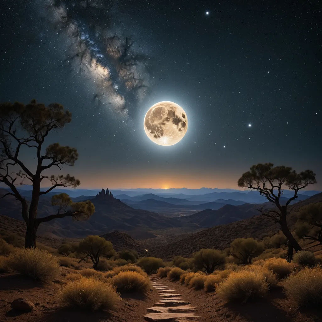 a path leading to the moon in the sky with a mountain range in the background and a star filled sky, space art, a detailed matte painting, David Martin, award - winning photo