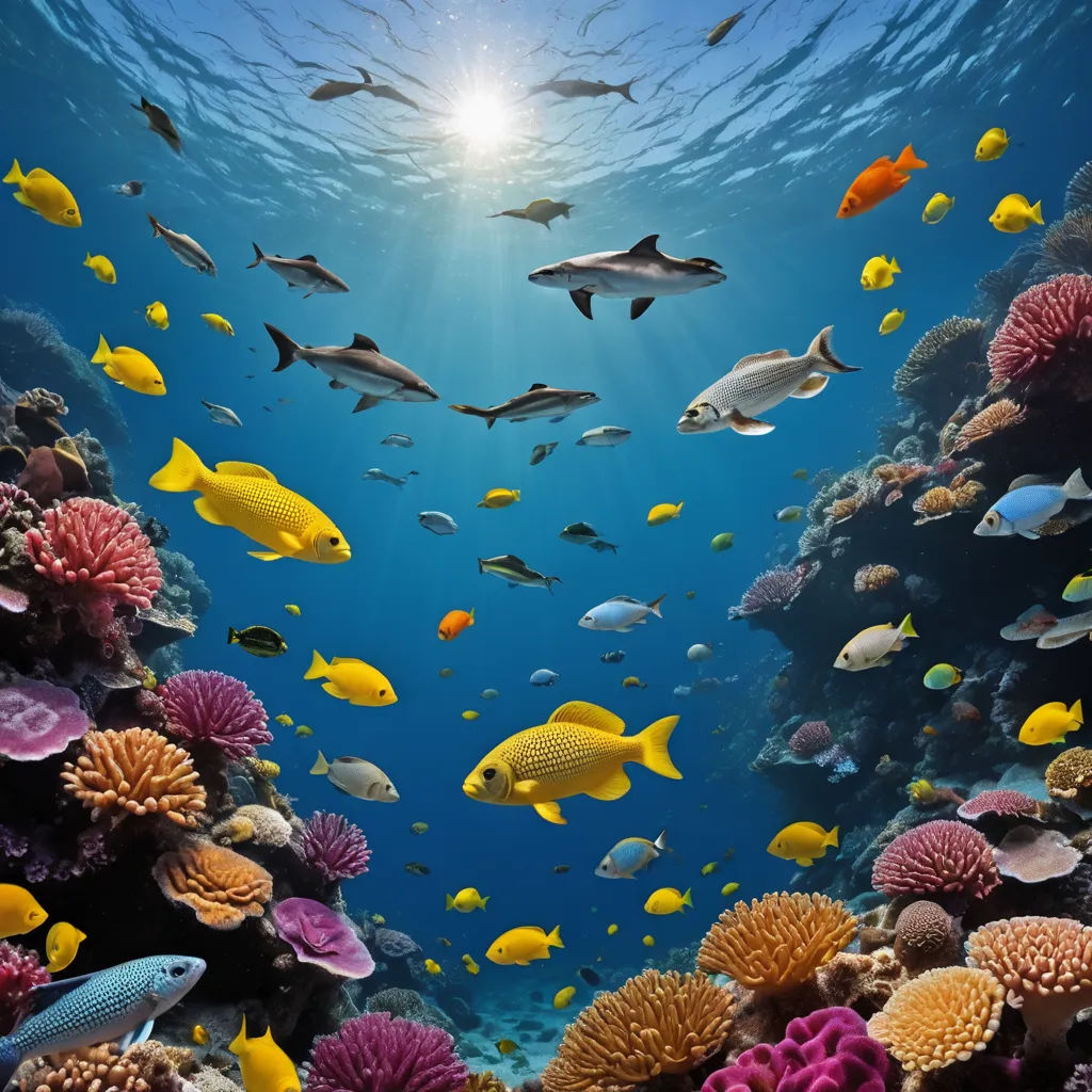 a large group of fish swimming over a coral reef in the ocean with sunlight shining through the water's surface, ecological art, computer graphics, Ernst Haeckel, underwater