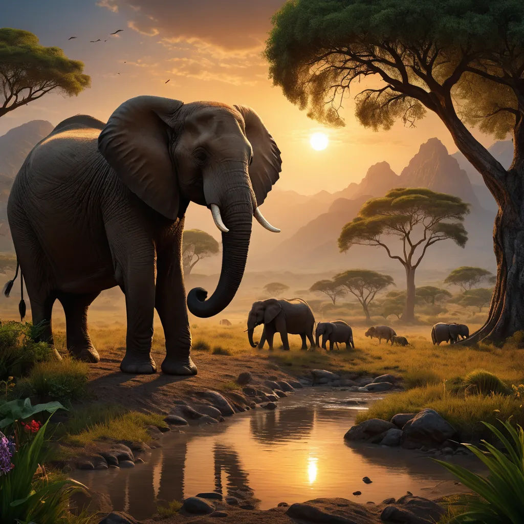 a painting of elephants in a beautiful landscape with a sunset in the background and a few birds flying over the water, naturalism, a matte painting, Chris LaBrooy, nature