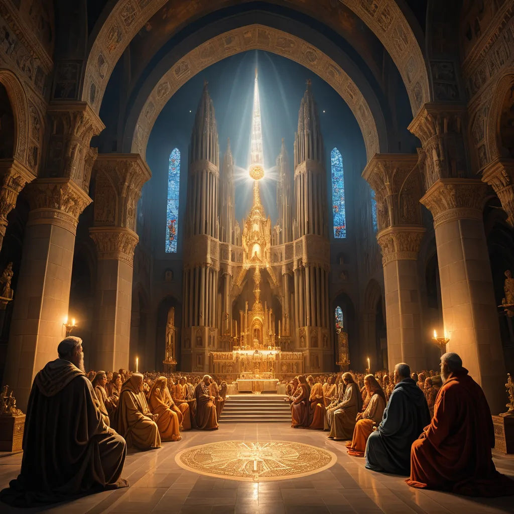 a group of people sitting in a church with a large altar in the background and a light shining on the floor, gothic art, a detailed matte painting, Christophe Vacher, radiant light