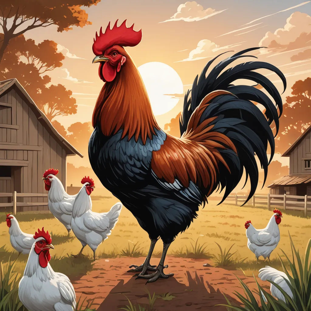 a rooster and several chickens in a field near a barn and a sunset with a barn in the background, folk art, a storybook illustration, Dan Mumford, highly detailed digital painting