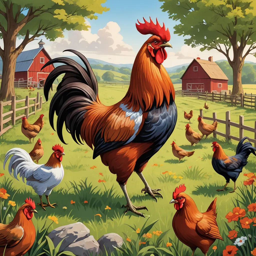 a painting of a rooster and chickens in a field of flowers and grass with a barn in the background, american scene painting, a storybook illustration, Chris LaBrooy, highly detailed digital painting