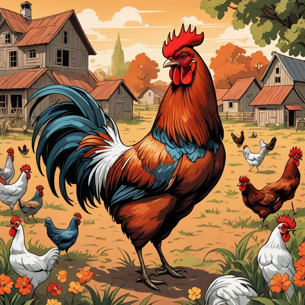 a rooster and many chickens in a field of flowers and grass near a farm house with a red roof, context art, a storybook illustration, Dan Mumford, josan gonzales and dan mumford