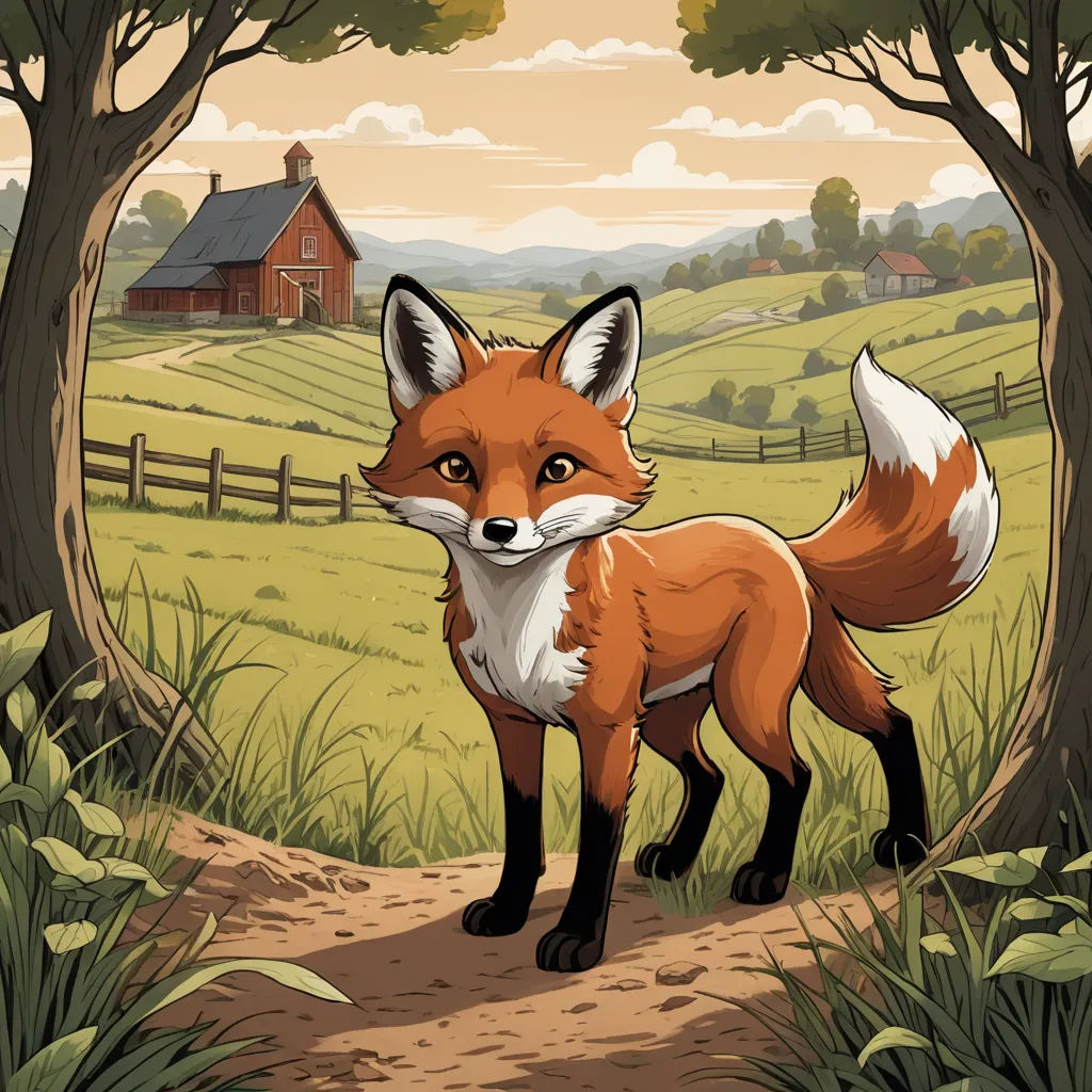 a fox standing in a field next to a tree and a barn in the background with a sky background, furry art, a storybook illustration, Dan Mumford, storybook illustration