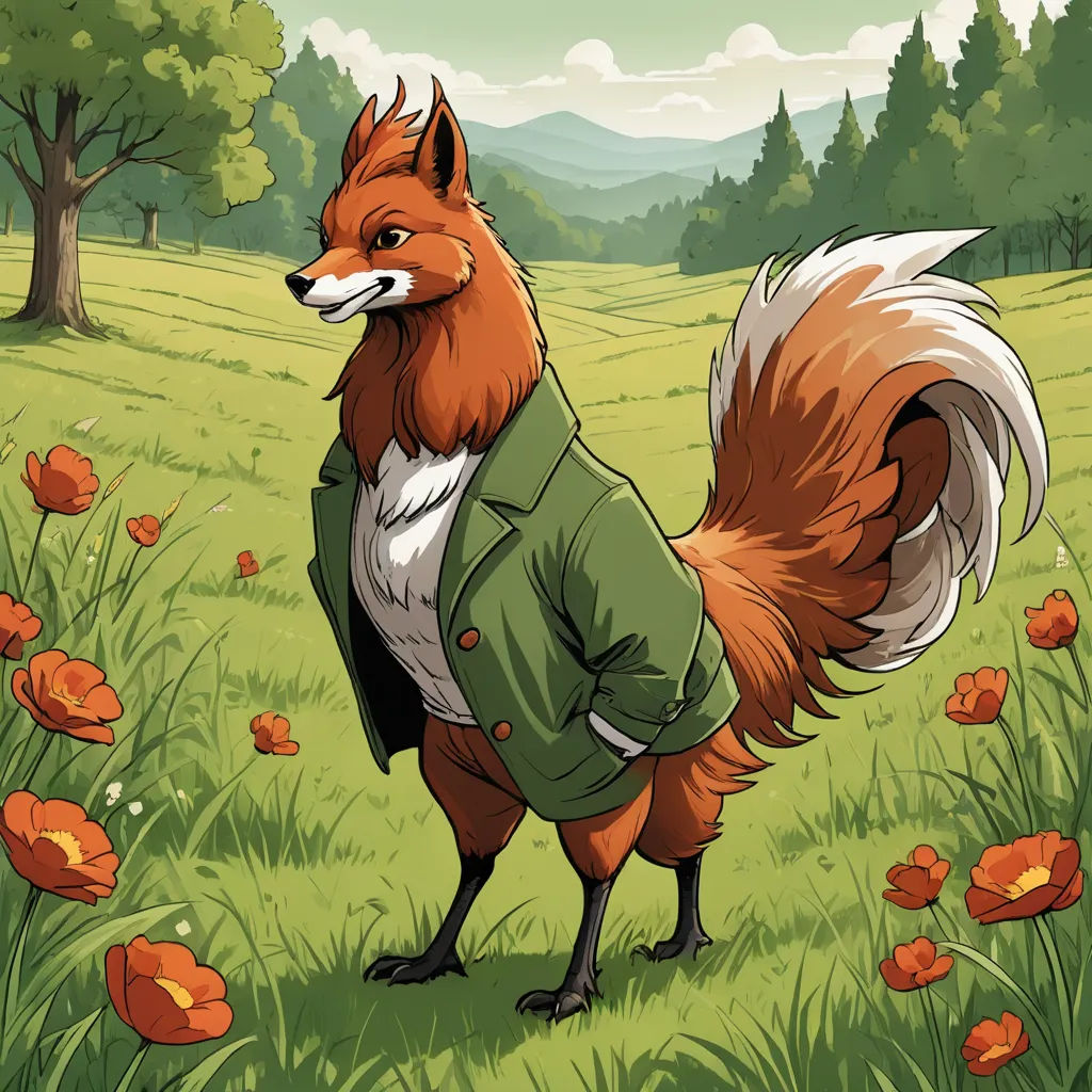 a cartoon of a fox in a field of flowers and trees with a jacket on it's back, furry art, a character portrait, Chris LaBrooy, character portrait