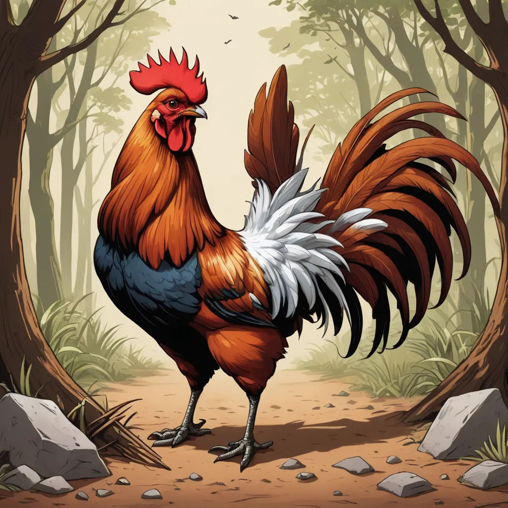 a rooster standing in the middle of a forest with rocks and trees around it, looking to the side, symbolism, a storybook illustration, Chris LaBrooy, highly detailed digital painting