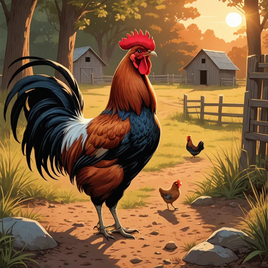 a rooster and two chickens are walking in a field near a fence and a barn at sunset with a barn in the background, american scene painting, a storybook illustration, Dan Mumford, storybook illustration