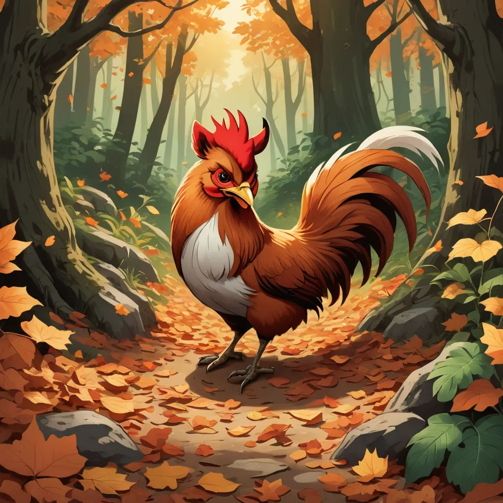 a rooster is walking through a forest with leaves on the ground and a path of rocks and leaves on the ground, fantasy art, a storybook illustration, Cyril Rolando, storybook illustration