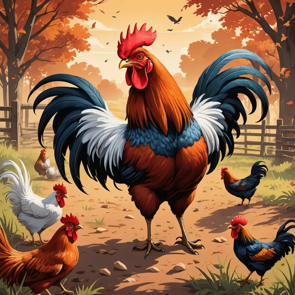 a rooster and several chickens in a field with trees and a fence in the background, with a bird flying above, lyco art, a storybook illustration, Chris LaBrooy, highly detailed digital painting