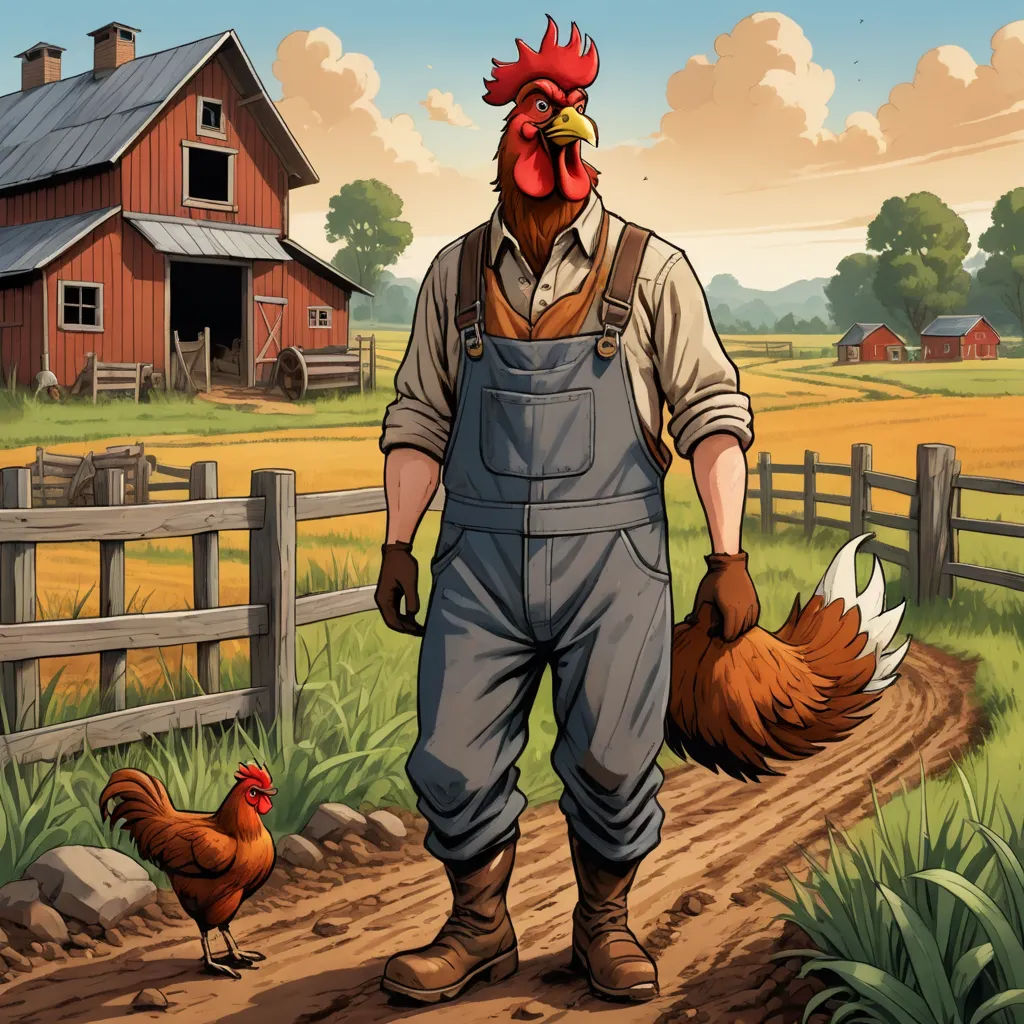 a man with a rooster and a chicken in a farm yard with a barn in the background and a fence, american scene painting, a storybook illustration, Chris LaBrooy, game art