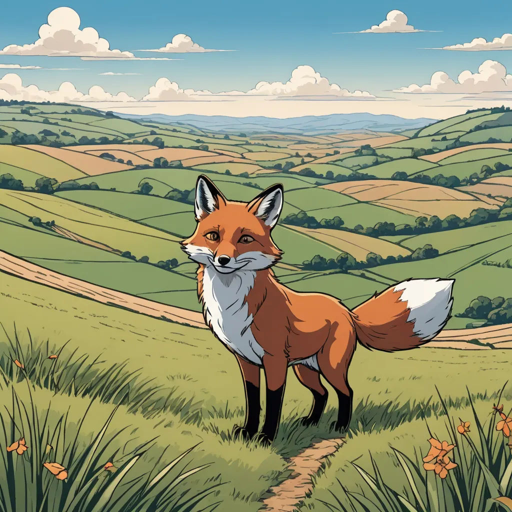 a fox standing on a grassy hill with a path leading to it's right side in the distance, furry art, a storybook illustration, Colin Middleton, josan gonzales and dan mumford