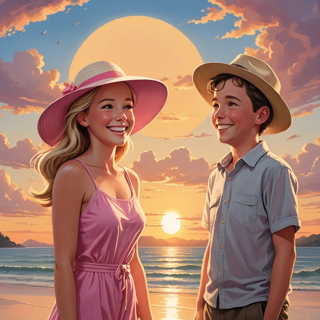 a painting of a boy and a girl on the beach at sunset with the sun setting behind them and the ocean in the background, american scene painting, a storybook illustration, F Scott Hess, official art