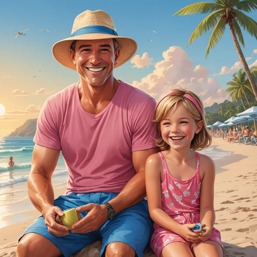 a man and a little girl sitting on a beach next to the ocean with a palm tree in the background, american scene painting, a storybook illustration, F Scott Hess, highly detailed digital painting