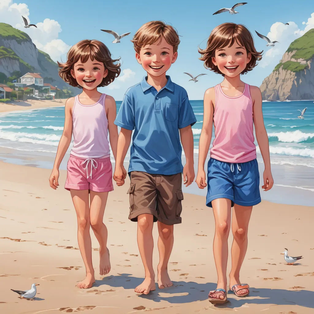 three children walking on the beach with seagulls flying overhead in the background and a painting of a beach with a couple of people in the background, photorealism, a storybook illustration, Bob Byerley, highly detailed digital painting