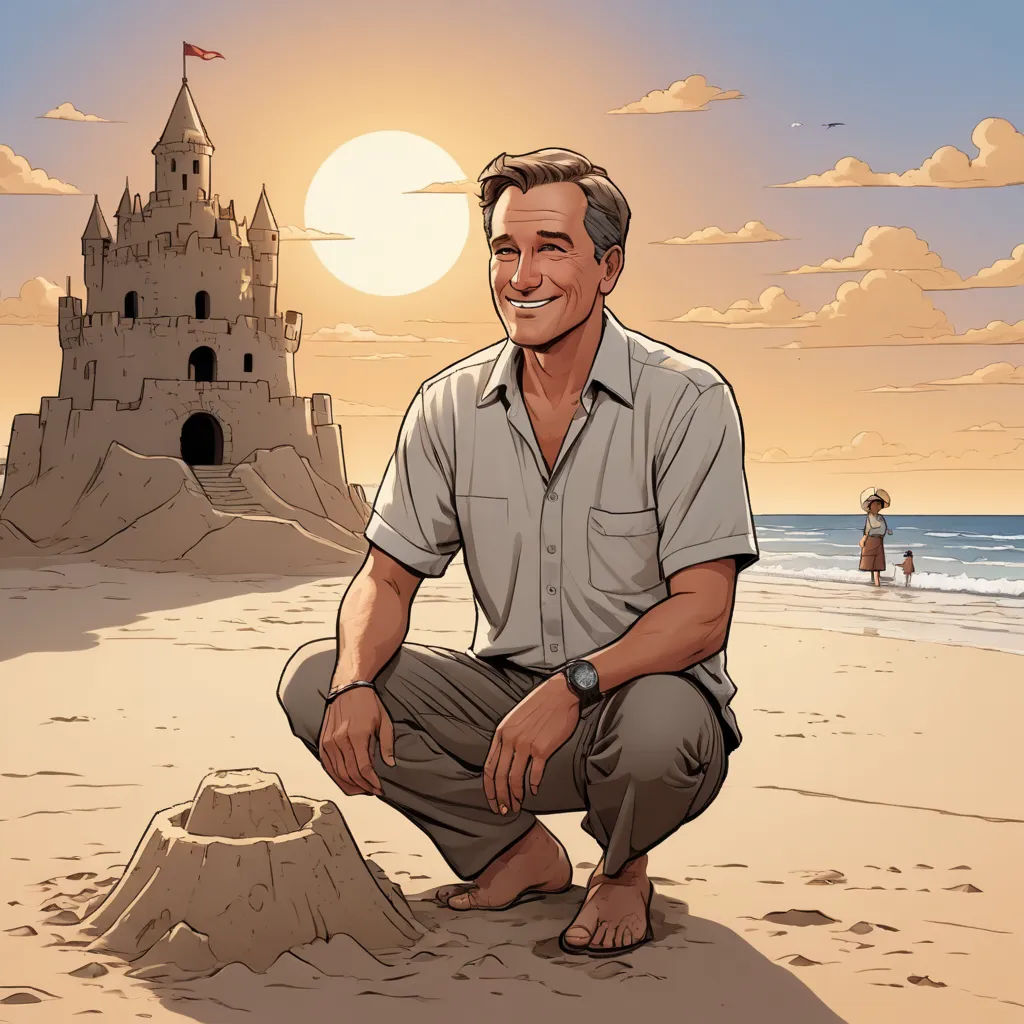 a man kneeling down on a beach next to a sand castle and a person standing in the sand behind him, serial art, a storybook illustration, F. Scott Hess, promotional image