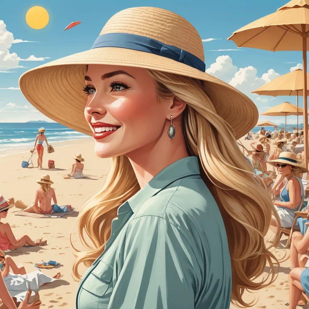 a woman in a hat on a beach with people in the background and a sun umbrella in the foreground, american scene painting, an ultrafine detailed painting, Edwin Georgi, highly detailed digital painting
