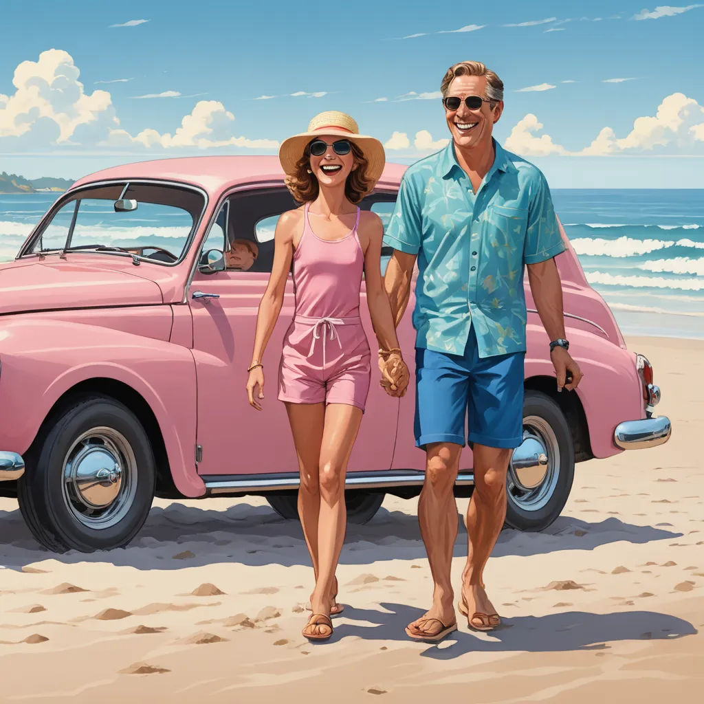 a man and woman walking on the beach next to a pink car with a surfboard on it's back, american scene painting, an ultrafine detailed painting, F. Scott Hess, highly detailed digital painting