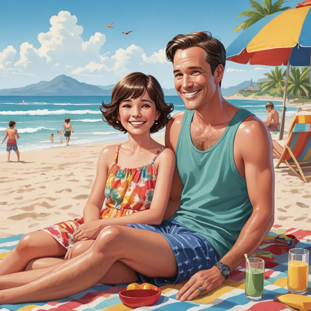 a man and a woman sitting on a beach towel on the sand with a cup of juice and a bowl of fruit, american scene painting, an ultrafine detailed painting, F Scott Hess, highly detailed digital painting