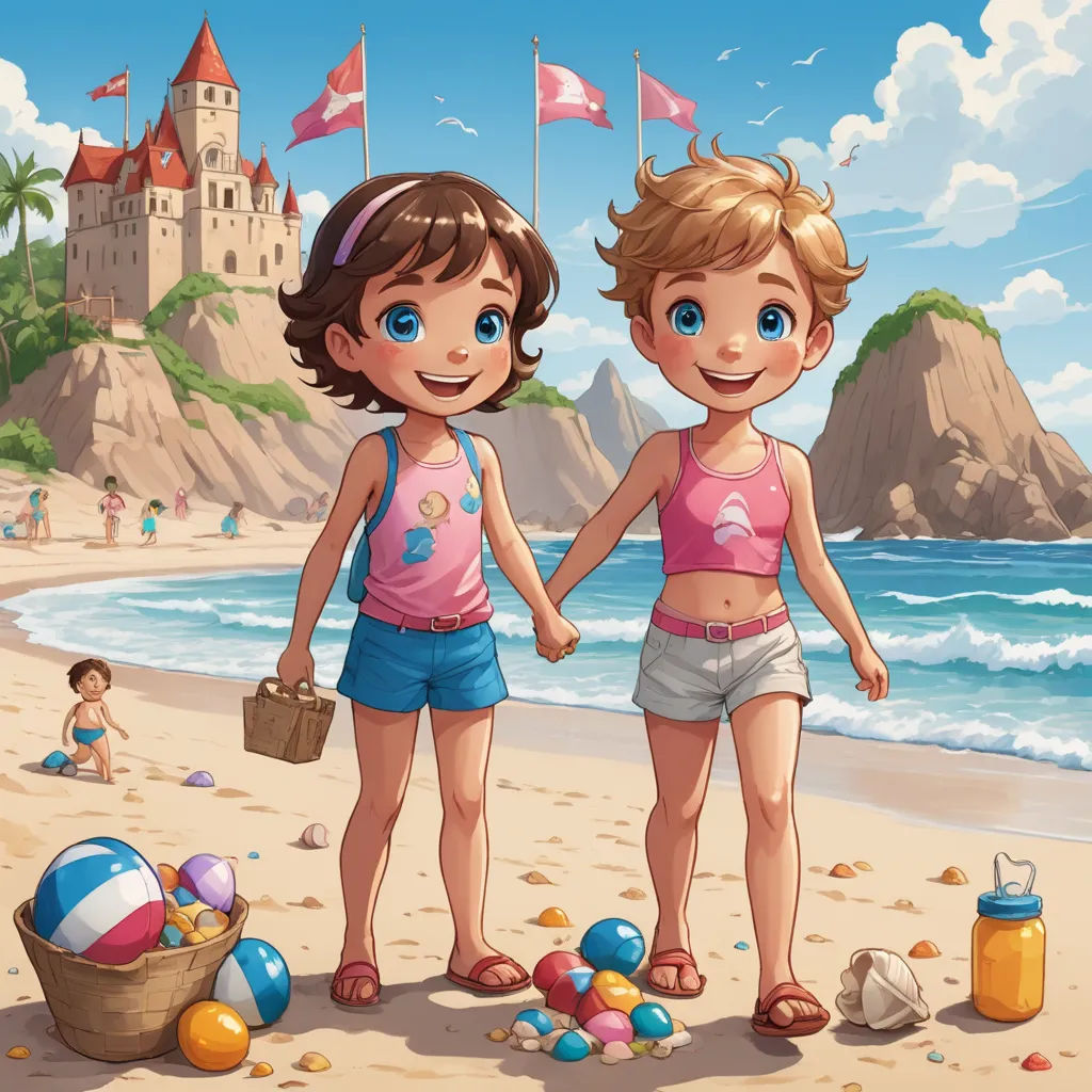 two girls on the beach holding hands and looking at the camera with a castle in the background and a beach with people in the sand, fantasy art, a storybook illustration, Diego Gisbert Llorens, rossdraws global illumination