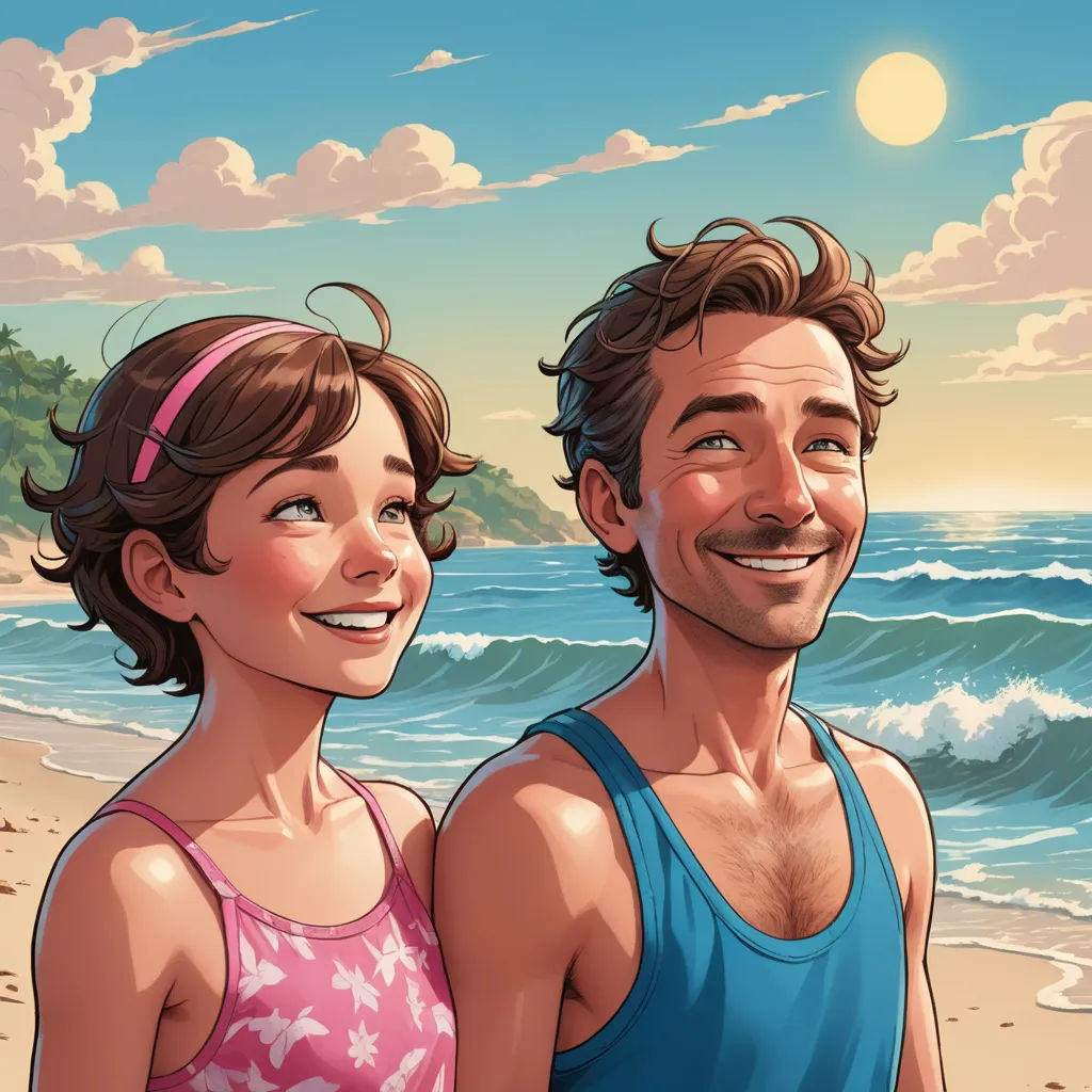 a man and a woman standing on a beach next to the ocean with a sunset in the background and a blue sky, serial art, a storybook illustration, Diego Gisbert Llorens, behance hd