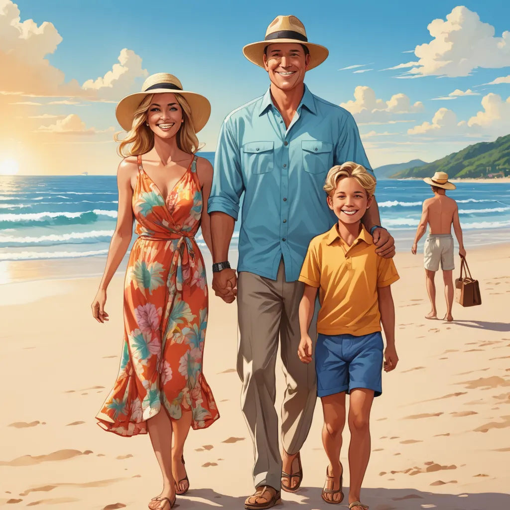 a man and woman walking on a beach with a boy and girl holding hands and a man in a hat and a yellow shirt, american scene painting, a storybook illustration, F. Scott Hess, promotional image