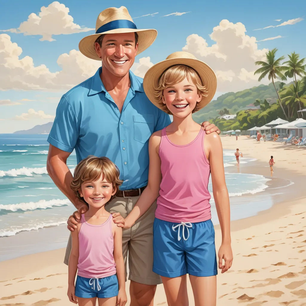 a man and two children standing on a beach with a view of the ocean and palm trees in the background, american realism, a storybook illustration, F. Scott Hess, highly detailed digital painting