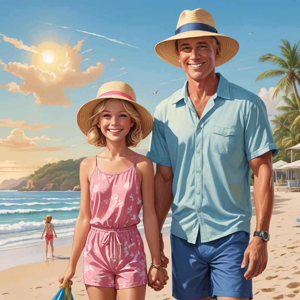 a man and a woman walking on a beach holding hands and smiling at the camera with a blue sky and clouds behind them, american scene painting, an oil painting, Bob Byerley, promotional image