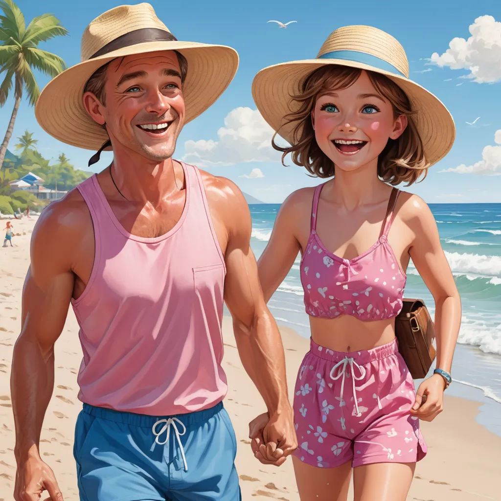 a man and a woman walking on a beach holding hands and smiling at the camera, with a palm tree in the background, american scene painting, a detailed painting, F. Scott Hess, stanley artgerm lau