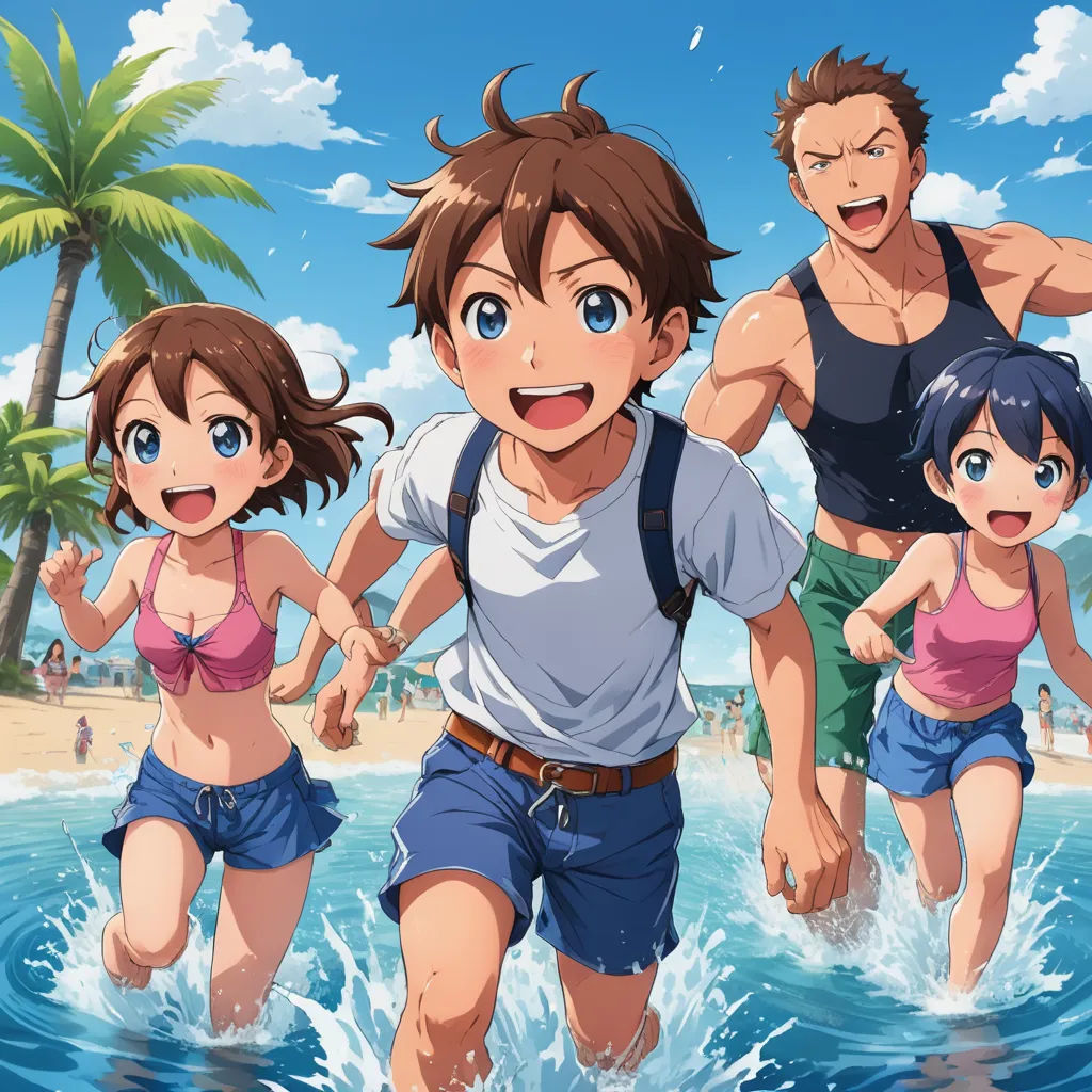 a group of people running through the water on a beach with palm trees in the background and a blue sky, sots art, a detailed painting, Adam Manyoki, official art